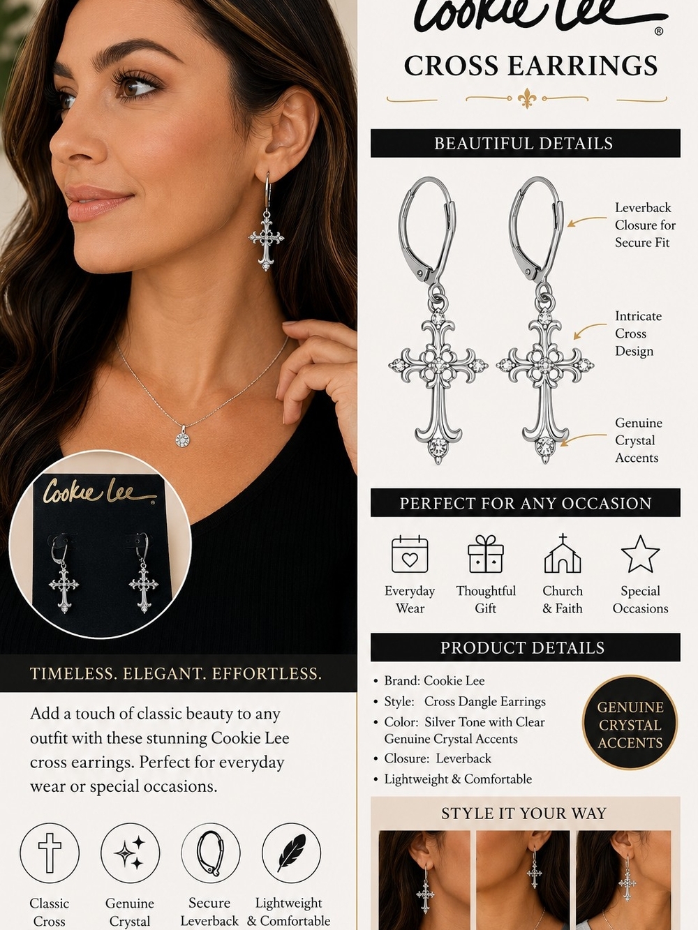 Cookie Lee Silver Cross Dangle Earrings with Crystal Accents
